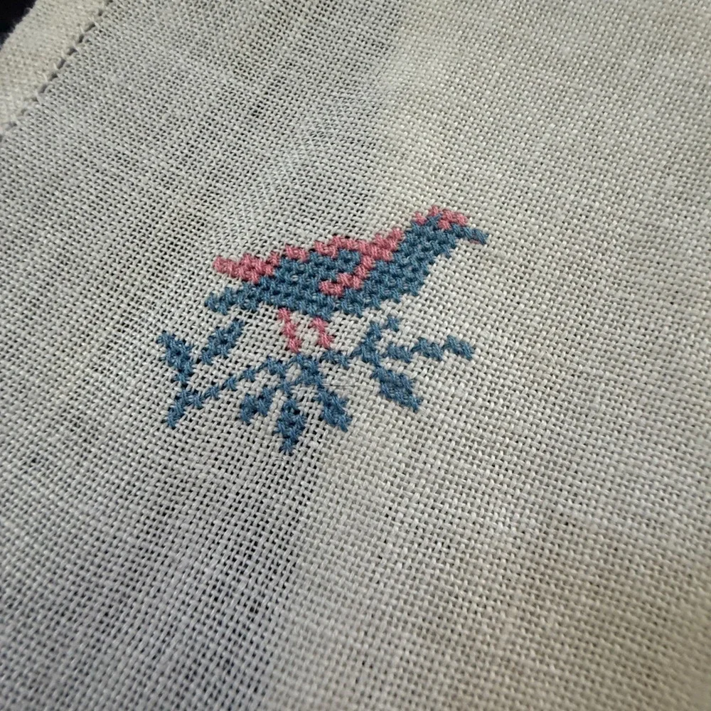 Vintage Cross Stitch Linen Table Runner Blue Pink Floral Bird Fringed Trim